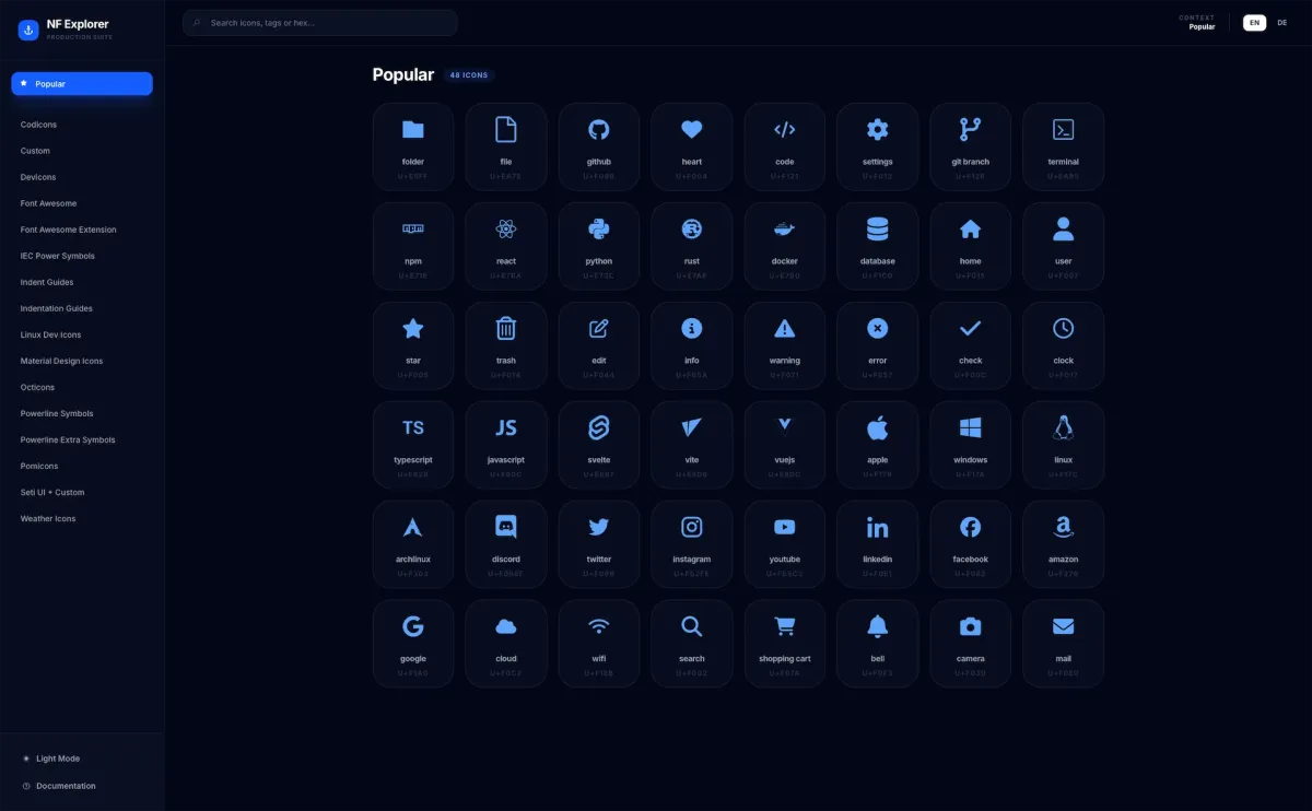 Nerd Fonts Explorer Interface
